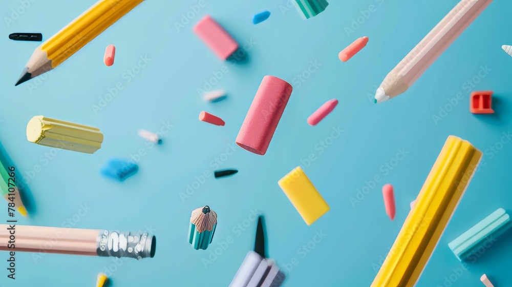 Poster a set of isolated floating erasers and pencils in a classroom environment ai generated illustration