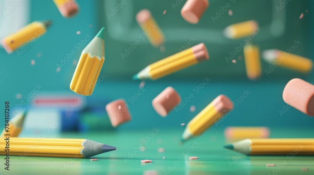 Poster a set of isolated floating erasers and pencils in a classroom environment ai generated illustration