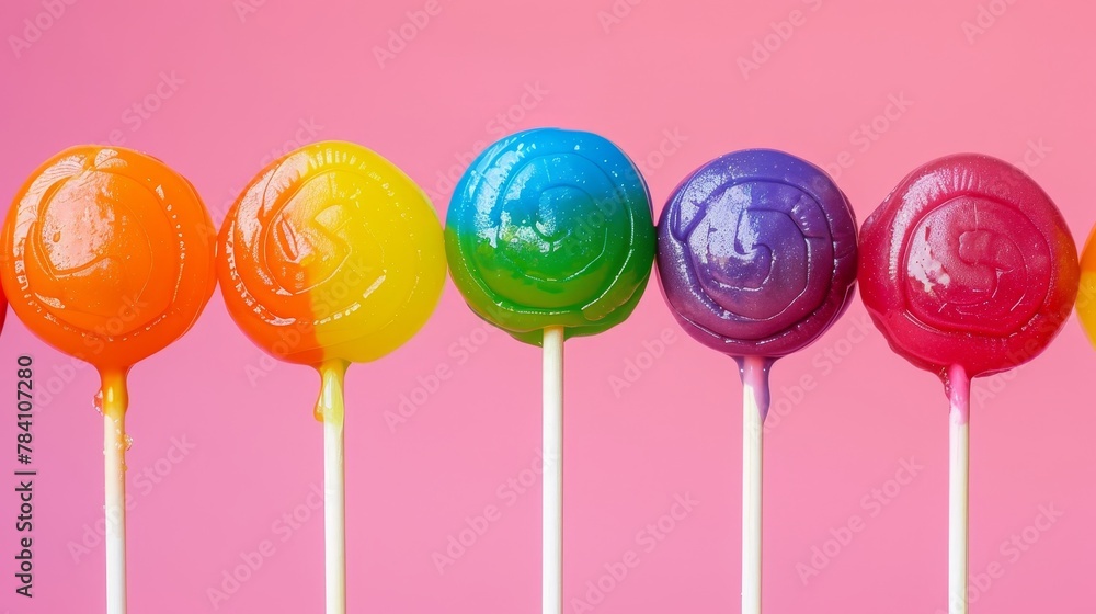 Poster a set of rainbow-colored lollipops floating in a row ai generated illustration