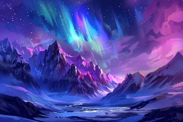 Fotobehang majestic mountain landscape with aurora borealis stunning night sky scenery digital painting digital ilustration © Lucija