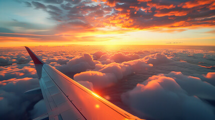 Chasing horizons, an airplane wing glides into the fiery sunset skies. - obrazy, fototapety, plakaty