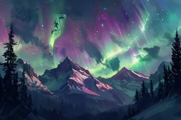 majestic mountain landscape with aurora borealis stunning night sky scenery digital painting digital ilustration - obrazy, fototapety, plakaty