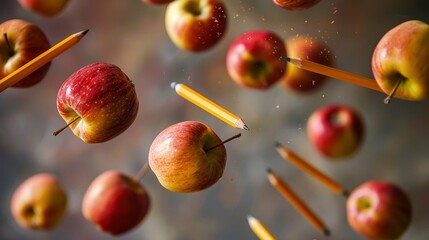 A set of isolated flying apples and pencils in a classroom setting  AI generated illustration - obrazy, fototapety, plakaty