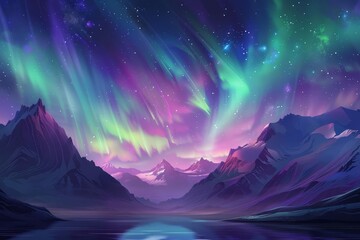 majestic mountain landscape with aurora borealis stunning night sky scenery digital painting digital ilustration - obrazy, fototapety, plakaty