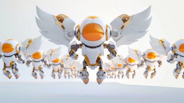 A series of cute robots with wings hovering in unison AI generated illustration