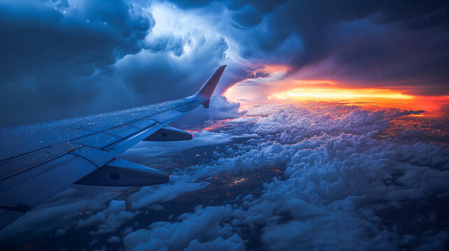 An airplane wing flies close to dramatic mammatus clouds with a sunset in the backdrop.