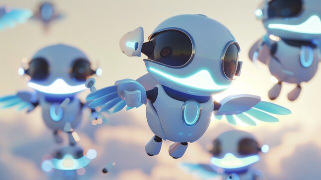 A series of cute robots with wings hovering in unison AI generated illustration