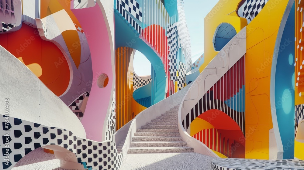 Poster a surreal 3d school building with geometric shapes and patterns ai generated illustration