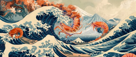 shrimps, mountain, waves crashing on the beach Ukiyoe style wallpaper
