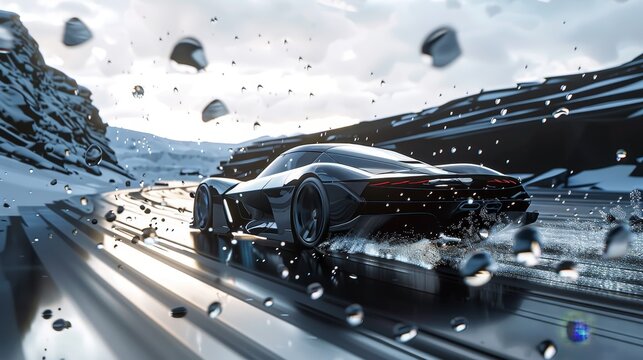 A supercar zooming through a 3d rendered digital landscape AI generated illustration