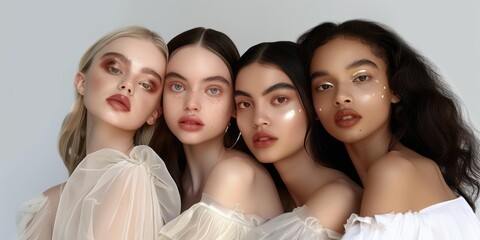 Group of beautiful women with different hairstyles and makeup posing in studio. Beauty, fashion.