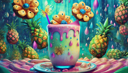 Fototapeta premium oil painting style cartoon illustration Multicolored a splash of pineapple yogurt, flying drops of pink milk drink