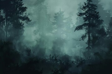mysterious dark forest landscape misty foggy trees silhouettes moody atmospheric nature background digital painting illustration - obrazy, fototapety, plakaty