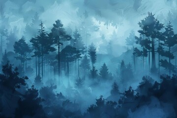 mysterious dark forest landscape misty foggy trees silhouettes moody atmospheric nature background digital painting illustration