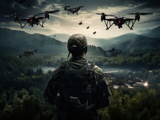 Aerial view of drone hovering above military action with tanks and soldiers - obrazy, fototapety, plakaty