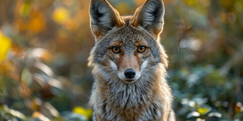 A portrait of a jackal with an alert expression and distinctive features such as pointed ears and a sharp snout. Jackal with observant eyes in natural habitat. - obrazy, fototapety, plakaty