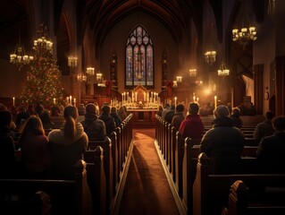 Midnight mass: traditional christmas service in illuminated church interior