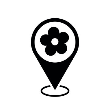 florist location map pointer, flower icon with location pin, black symbol isolated on white background, simple vector marker
