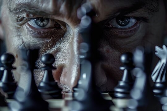 Close-up image of a person's intense eyes gazing through the chess pieces on a board, depicting strategic thinking