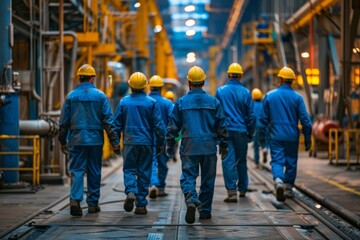 A group of workers with hard hats and blue uniforms walking down an industrial plant with pipelines and machinery - obrazy, fototapety, plakaty