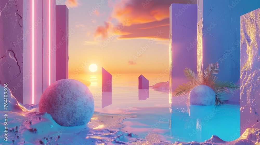 Poster a surreal scene with 3d rendered objects ai generated illustration