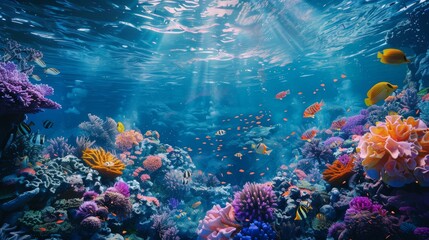 Obraz na płótnie Canvas A surreal underwater scene with floating coral reefs and vibrant sea creatures AI generated illustration
