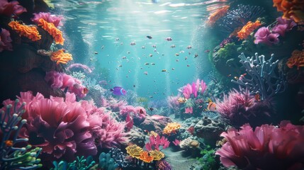 Fototapeta na wymiar A surreal underwater scene with floating coral reefs and vibrant sea creatures AI generated illustration