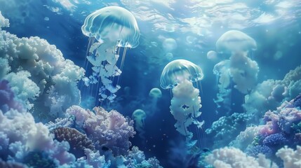 A surreal underwater scene with floating jellyfish and coral reefs   AI generated illustration - obrazy, fototapety, plakaty
