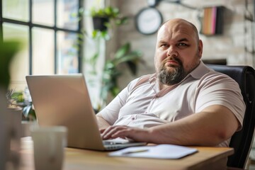 Adult businessman with beard looks seriously at the camera while working on his laptop in a well-lit office - obrazy, fototapety, plakaty