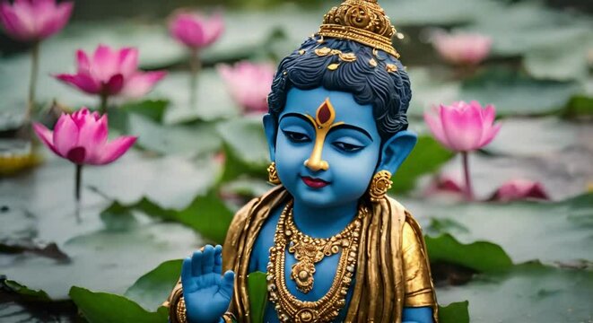 Divine Serenity: Little Krishna, the Indian God, Seated by a Lotus Pond, Amidst a Gentle Drizzle.