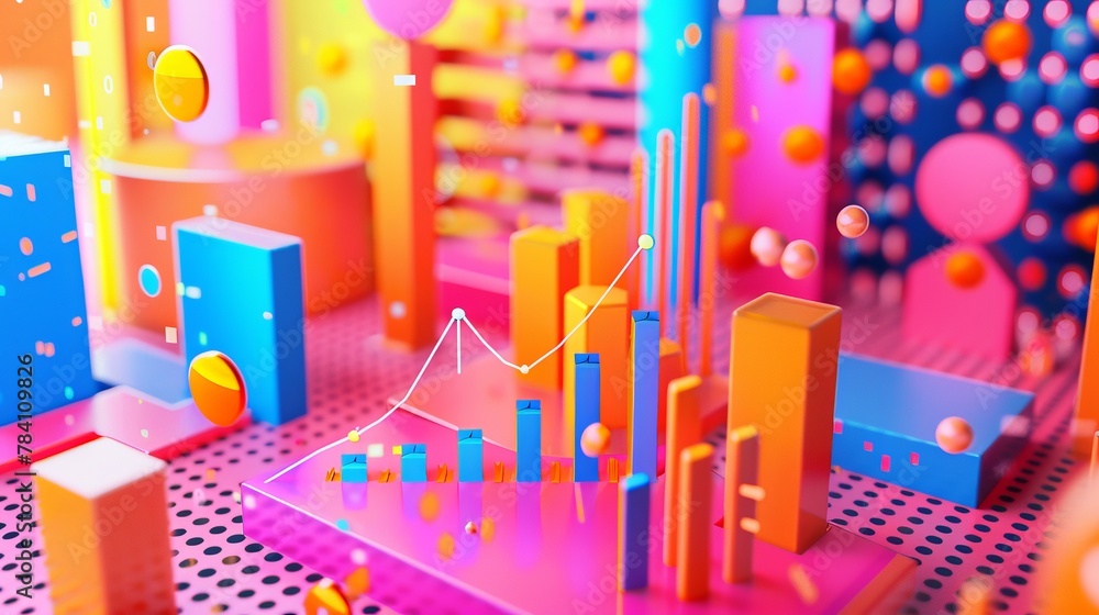 Poster a vibrant memphis-style design with d-rendered graphs and trading symbols ai generated illustration