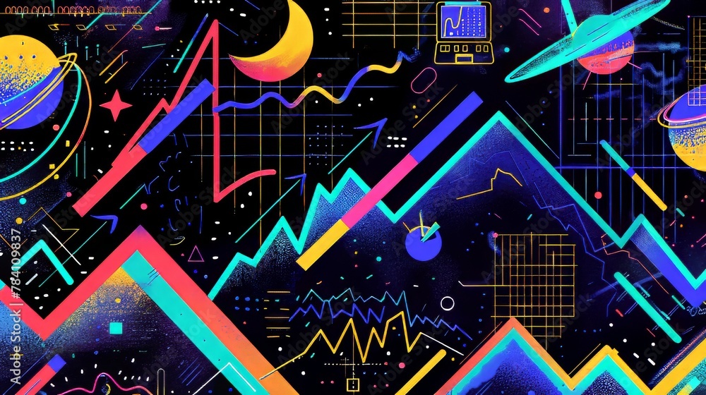 Poster a vibrant memphis-style pattern with flying objects and digital trading graphs incorporated ai gener