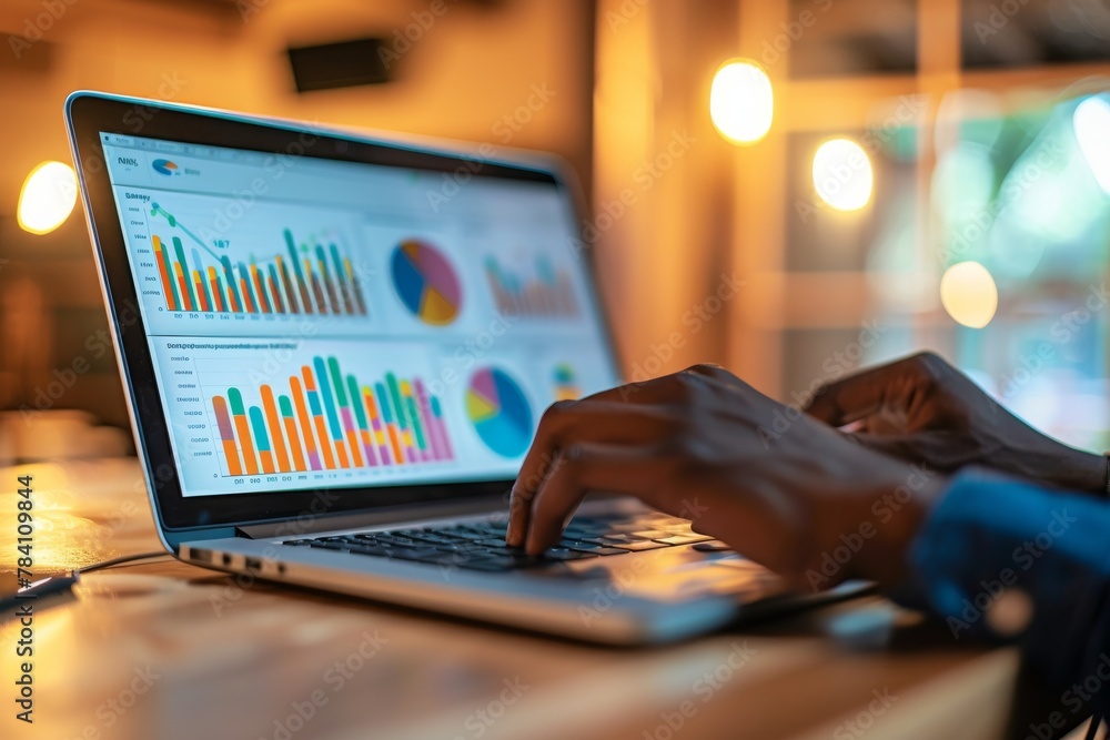 Poster Close-up view of a person working on a laptop with detailed colorful data charts and graphs on the screen