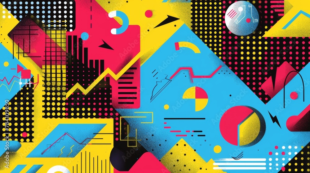 Aufkleber a vibrant memphis-style pattern with flying objects and digital trading graphs incorporated ai gener