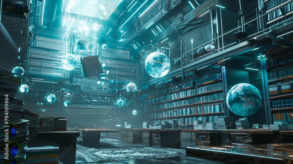 Poster a virtual classroom with flying books and globes in a futuristic setting ai generated illustration
