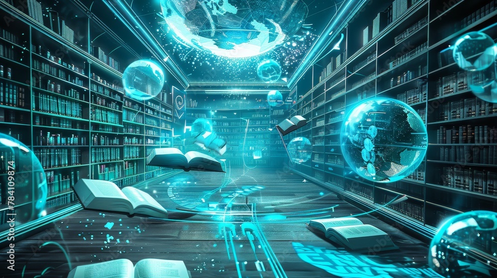 Poster a virtual classroom with flying books and globes in a futuristic setting ai generated illustration