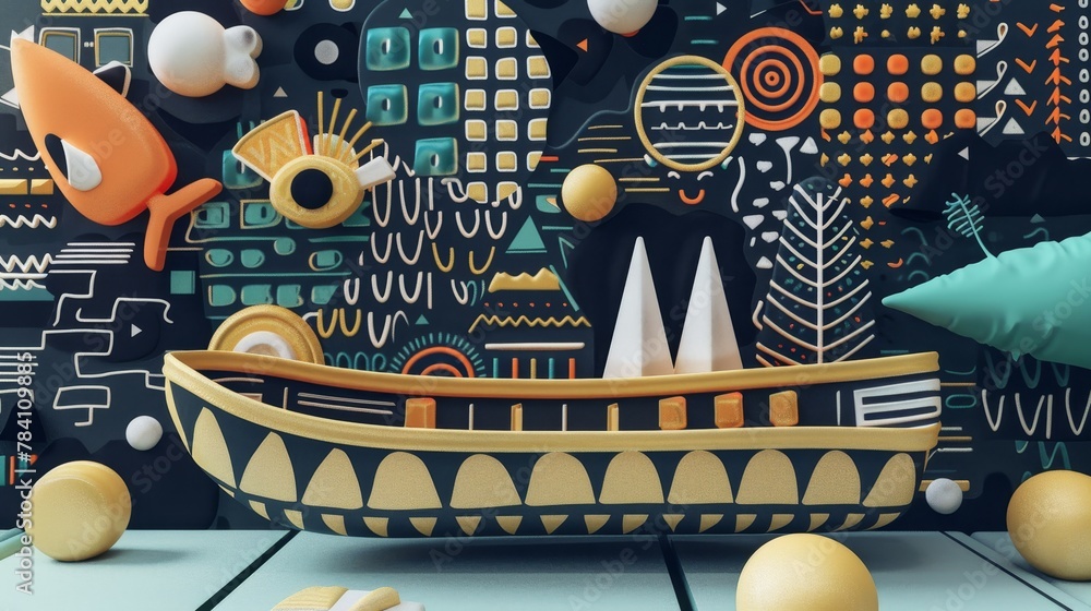 Poster a whimsical 3d render of a flying chalkboard covered in memphis-style patterns ai generated illustra