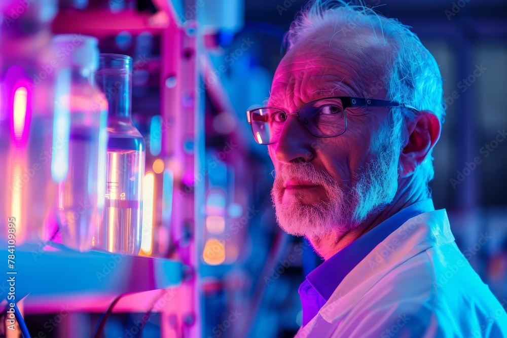 Poster close-up of a focused scientist studying samples in a laboratory with vibrant lighting