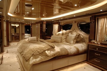 Luxurious yacht bedroom featuring elegant decor, rich wood finishes, and plush bedding - 784109806