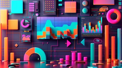 A vibrant Memphis-style design with D-rendered graphs and trading symbols   AI generated illustration