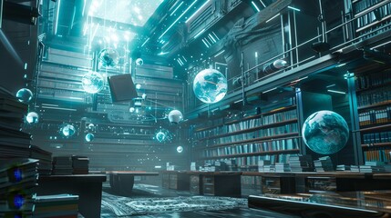 A virtual classroom with flying books and globes in a futuristic setting  AI generated illustration - obrazy, fototapety, plakaty