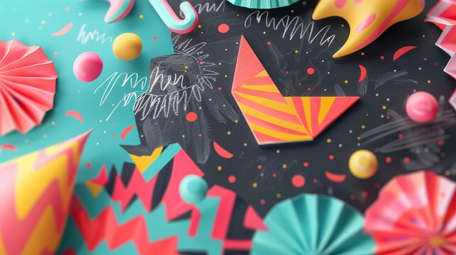 A whimsical 3d render of a flying chalkboard covered in Memphis-style patterns  AI generated illustration