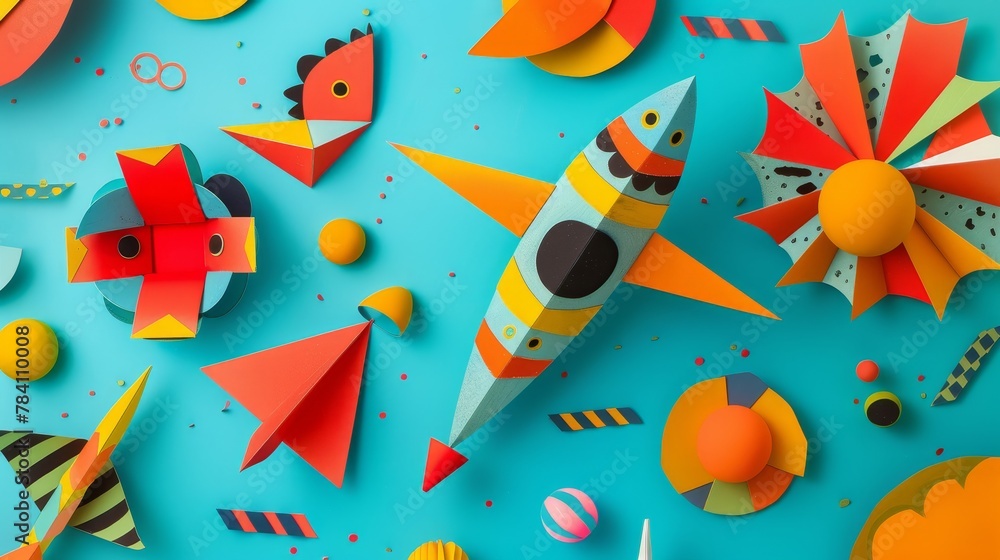 Poster a whimsical array of flying objects in bold colors ai generated illustration