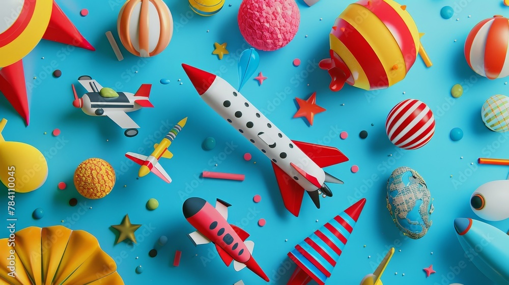 Poster a whimsical array of flying objects in bold colors ai generated illustration