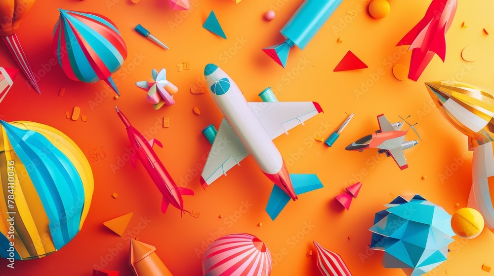 Poster a whimsical array of flying objects in bold colors ai generated illustration