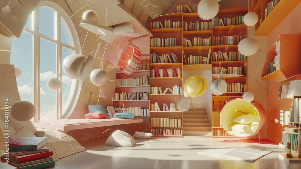 Poster a whimsical library with flying books and floating bookshelves in a futuristic style ai generated il