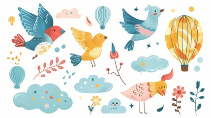 Fototapeta premium A whimsical assortment of cute isolated flying elements AI generated illustration