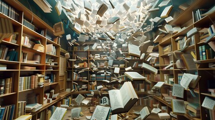 A whimsical library with flying books and floating bookshelves   AI generated illustration