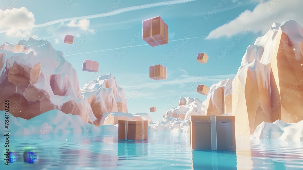 Poster abstract 3d render of packages floating in a surreal landscape ai generated illustration