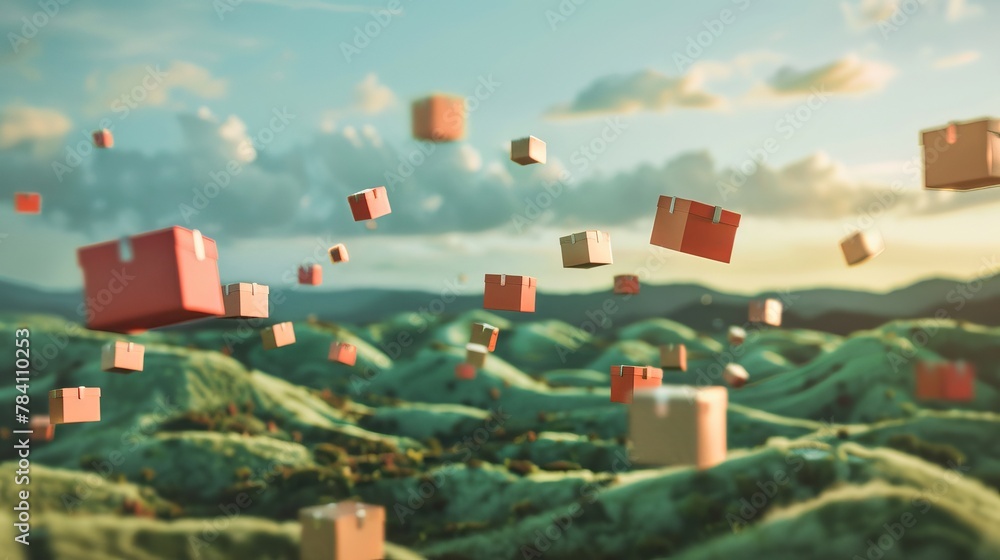 Poster abstract 3d render of packages floating in a surreal landscape ai generated illustration